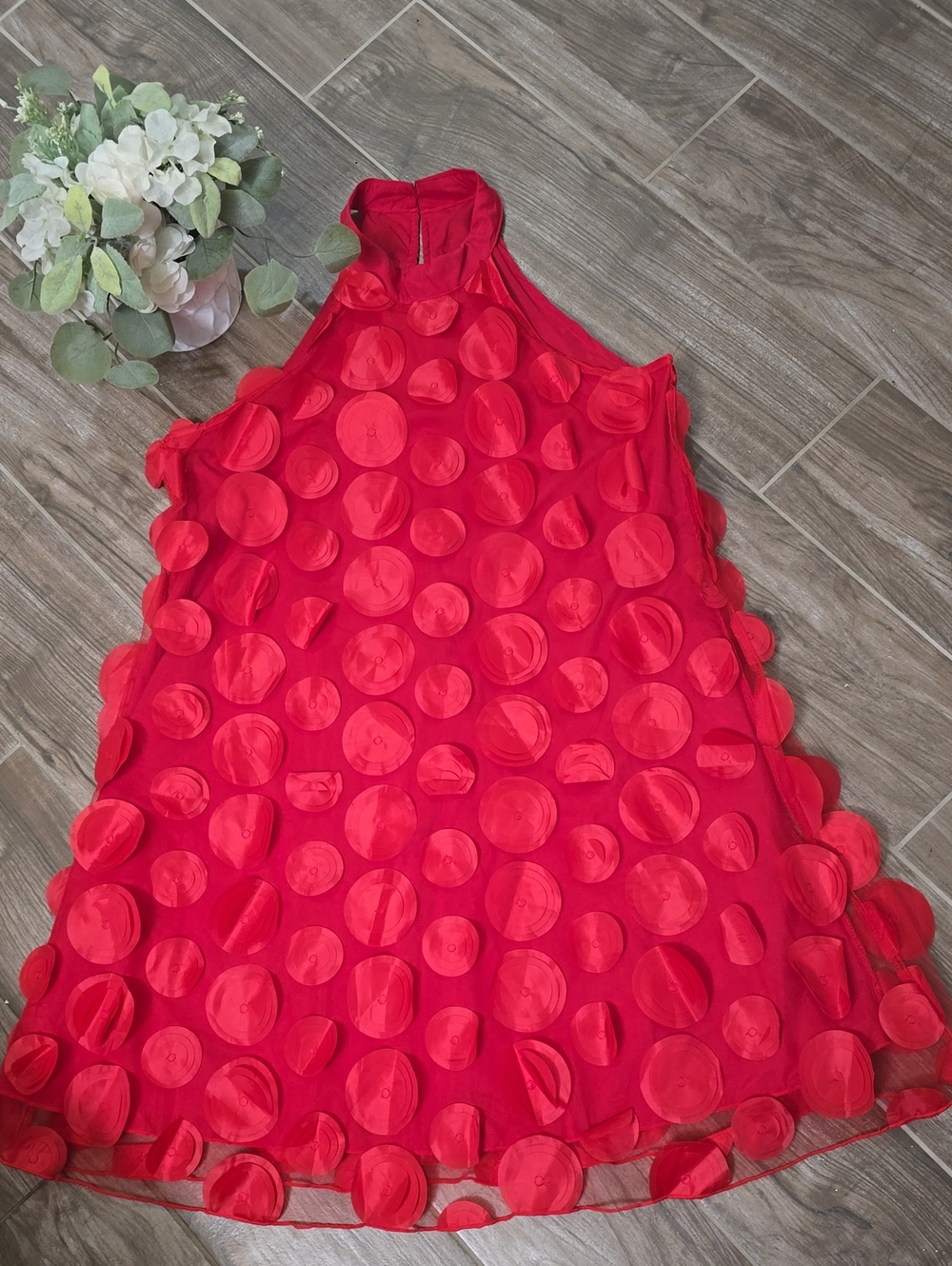 SHEIN Red Halter Mini Dress with 3D Polka Dot Appliqués